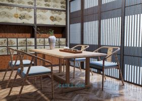 CINEMA4D建模实木家具中式饭厅养生馆茶几椅子
