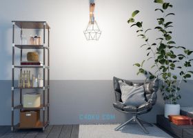 C4D模型室内一角休闲小沙发置物架艺术几何灯泡
