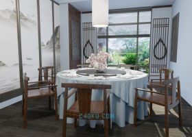 C4D模型中式餐厅实木椅子圆桌子中国复古风3D工程