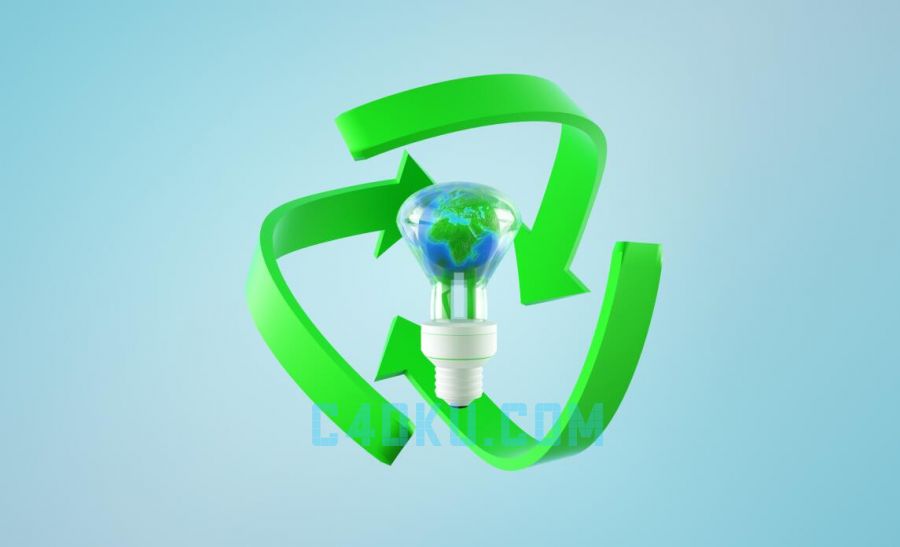 C4D制作绿色箭头三维爱护环保玻璃灯泡资源3D工程