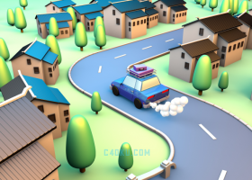 夏日汽车小镇街道旅行场景模型