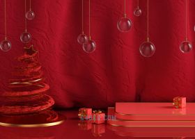 C4D圣诞节装饰大礼盒玻璃水晶球红色圣诞树