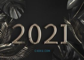 C4D软件制作黑金叶子2021年立体字3D数字