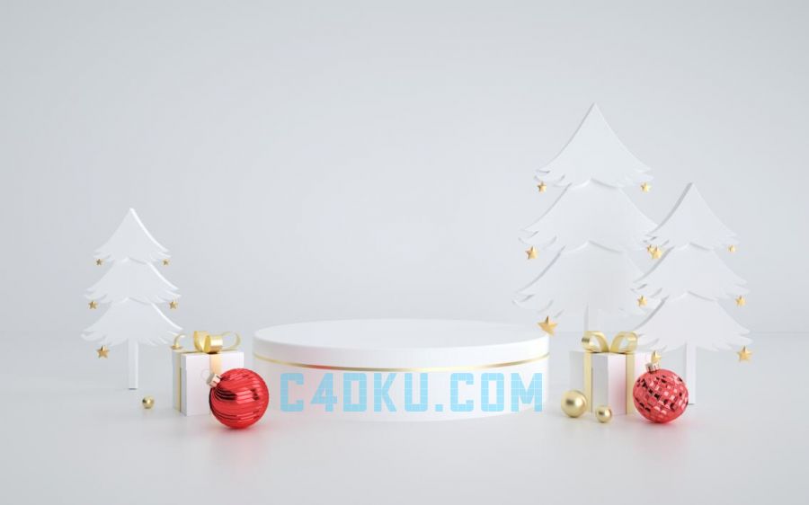 C4D制作三维庆祝圣诞节圣诞树装饰彩球大礼物盒